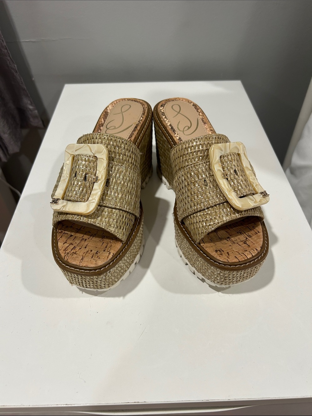 Sam Edelman Woven Platform Slide Sandals with Oversized Buckle - Beige